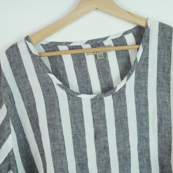 FLAX 1G Top 100% Linen Striped Popover Short Sleeve Boho Artsy Lagenlook Relaxed - Picture 3 of 6